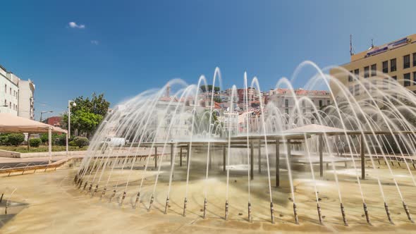 Fountain in Martim Moniz Square Timelapse Hyperlapse in Downtown Lisbon
