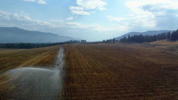 Aerial view of irrigation sprinkles used in harvested field