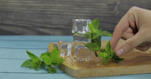 Ice Cubes and Mint Leaves Isolated on Wooden Cutting Board