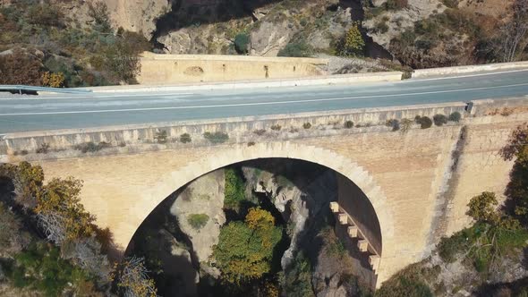 Aerial view of two old bridges from different periods. The older one from the spanish reconquest. XV