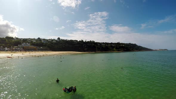 Aerial View Of Beach And Seaside, Coastline  of Carbis Bay, St Ives, Cornwall, Penzance