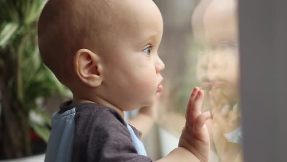 Baby Infant Kid at Home Looking Through Window in Sunny Day Child Touching Glass