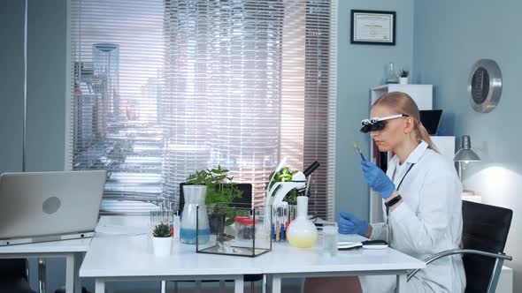 Medical Research Scientist in Magnifying Eyeglasses Looking on Sample