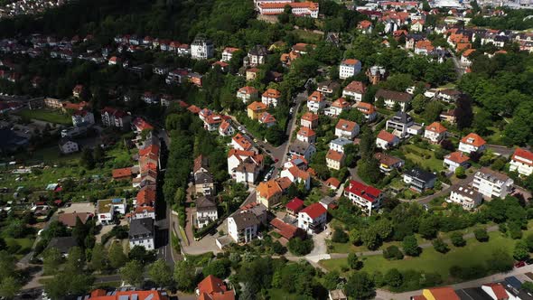 Aerial view of a German village surrounded by rapeseed fields, Marbach, Germany.