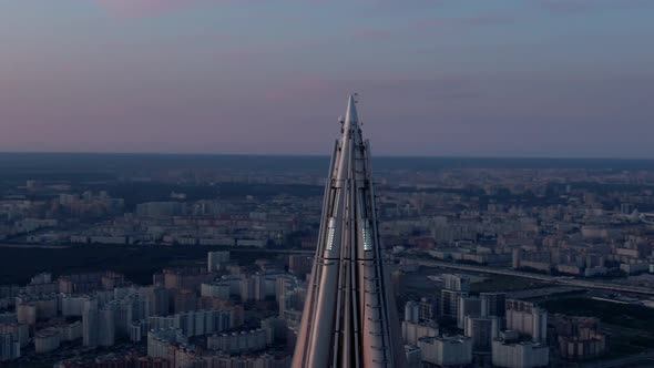 Beautiful Aerial Shot at Sunset of the Lakhta Center Skyscraper