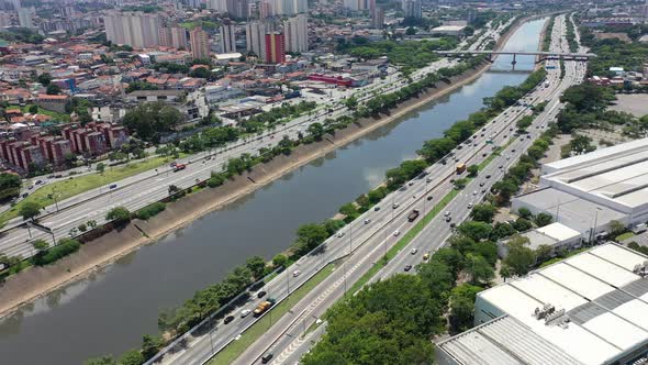 Downtown Sao Paulo Brazil. Landmark highway road. Offices buildings.