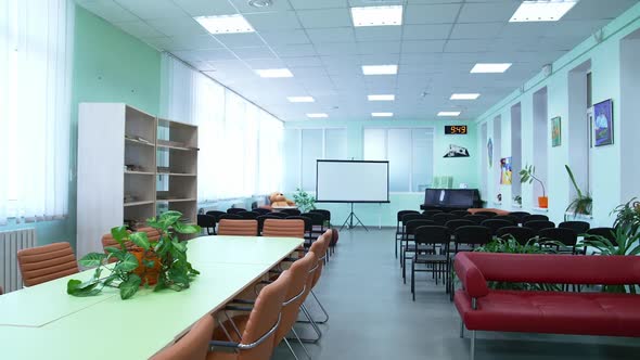 Interior view of empty conference hall in university
