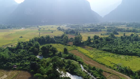 Landscape around the city of Vang Vieng in Laos seen from the sky