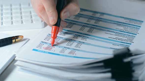 Closeup of Ig Company Boss Hands Marking Data in a Business Report