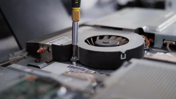 Closeup Shot of Male Hands Working on Disassembling and Cleaning Circuit Board in Laptop Using Brush