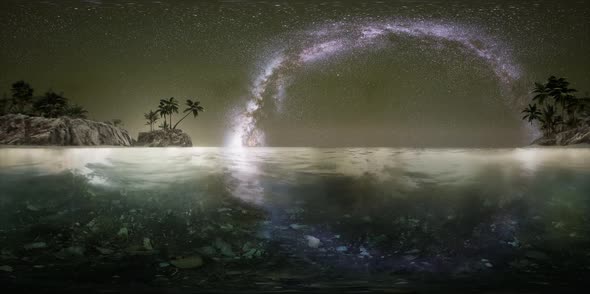 VR 360 Beautiful Fantasy Tropical Beach with Milky Way Star in Night Skies