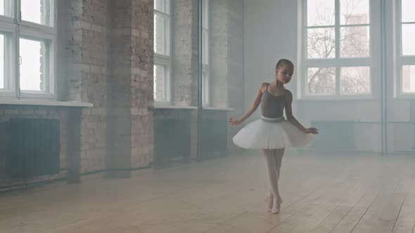 Little Ballerina Doing Pirouettes Dancing In Studio