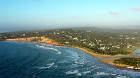 AERIAL PULL BACK Summer Morning Over Seaside Village, Anglesea Australia