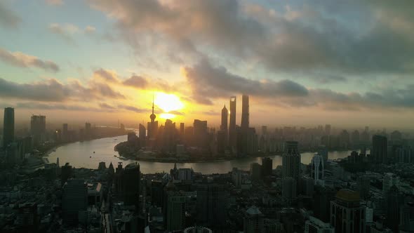 Aerial view of Shanghai skyline with skyscrapers, China.