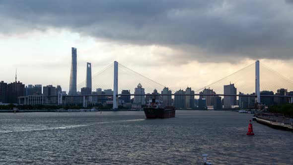 Chinese Vessels Under Shanghai Nanpu Bridge Timelapse