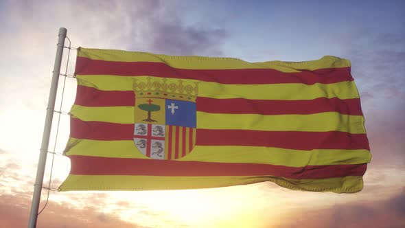 Aragon Flag Spain Waving in the Wind Sky and Sun Background