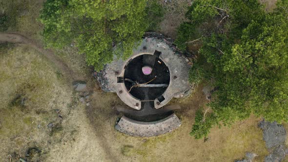 Floating high above the remains of a bunker from World War One with a slow spin overhead from a top-