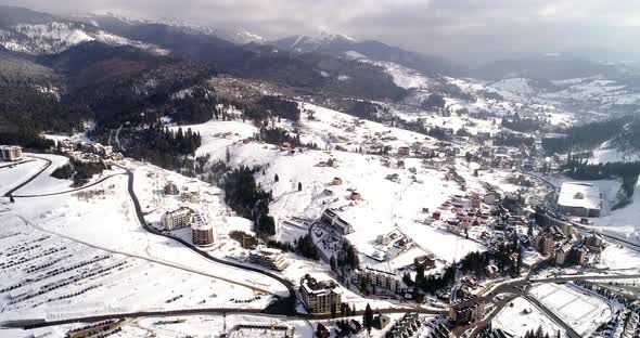 Aerial View of the Ski Resort Sport Village in Mountains at Winter