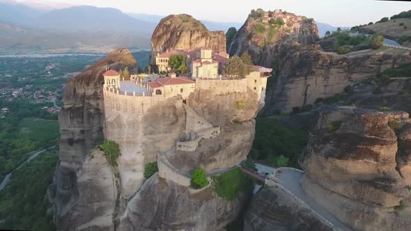 Drone view of Varlaam Monastery and Meteora rocks in Greece