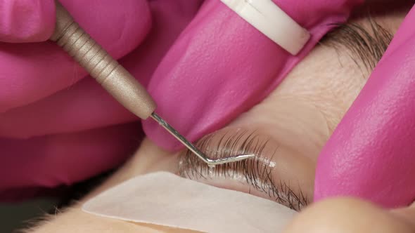 Adult Woman Face on Modern Eyelash Lamination Procedure in a Professional Beauty Salon