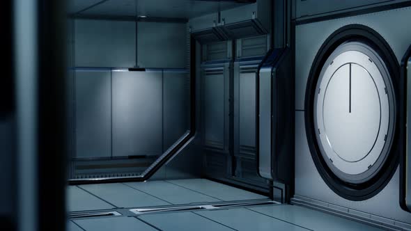 3D Rendering of Realistic Sci-fi Spaceship Corridor alt