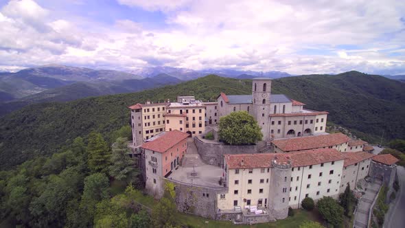 Aerial View Italy monastery, church with tower, 4K