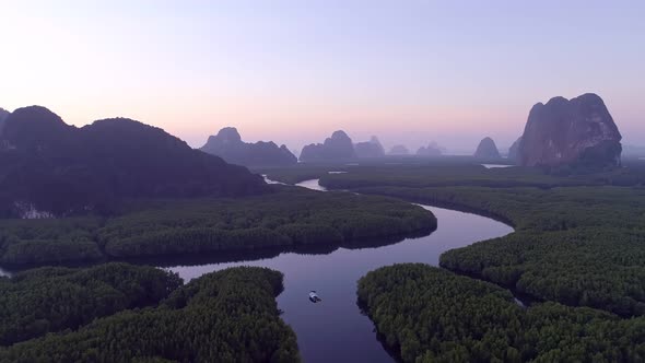 Aerial view drone shot of beautiful sunrise sky in the morning sunrise Drone is flying over sea