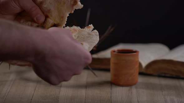 Bread Being Ripped Into Quarters With Cup, Crown Of Thorns And Bible