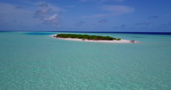 Wide angle fly over copy space shot of a summer white paradise sand beach and turquoise sea backgrou