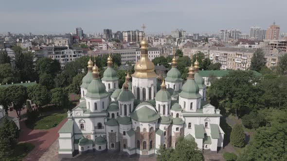 Kyiv. Ukraine: Saint Sophia's Cathedral in Kyiv. Aerial View, Slow Motion, Flat, Gray