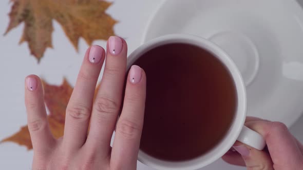 Woman Showing Hands with Beautiful Nude Manicure Holding Autumn Leaves