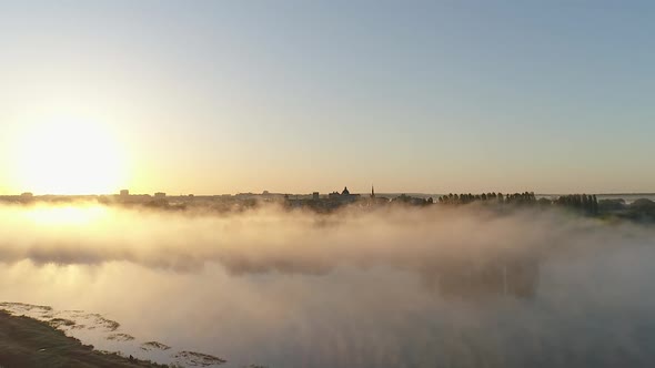 Sunrise and Fog Over the River Styr and the Historic Part of Lutsk Ukraine