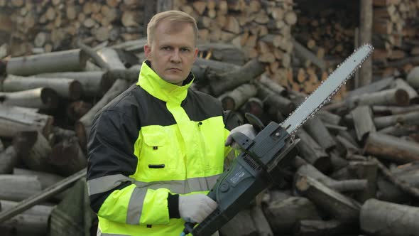 Lumberjack in Reflective Jacket. Man Woodcutter with Electric Chainsaw, Sawn Logs, Firewood, Sawmill