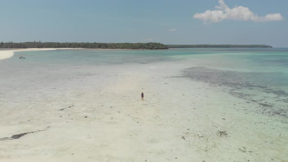 Aerial: tropical beach island reef caribbean sea white sand bar Snake Island, Indonesia Maluku