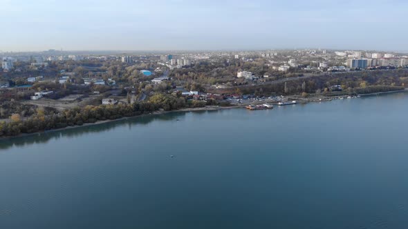 Downtown Of Galati City Beside The Danube River In Western Moldovia, Romania. aerial