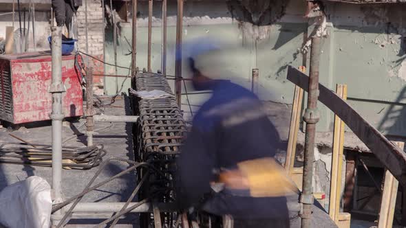 Steel Bar Rebar Metal Framework Reinforcement for Concrete at Construction Site Timelapse