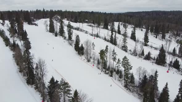 Aerial View of Downhill Skiing at Local Ski Resort. Ski Lift, Russia, Leningrdaskaya Oblast, Village