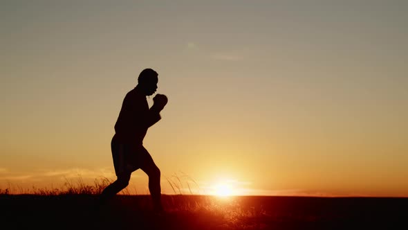 Silhouette of Men Training Boxing Against Background Sunset Outdoors Side View