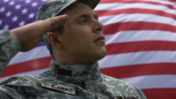 Military Man in Uniform Saluting on American Flag Background, Rewarding Day