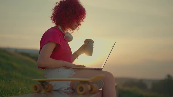 A Pink Curly Girl is Working or Studying on Laptop Outdoors alt