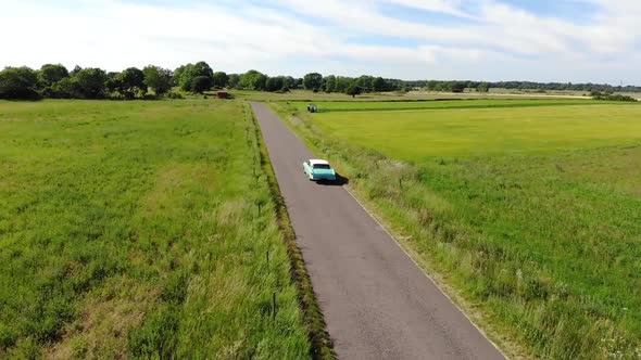 Drone circling Dodge Polara summer time, Öland, Sweden