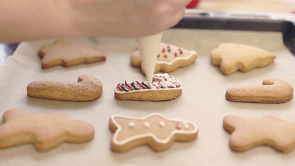 Closeup Decoration Homemade Gingerbread Christmas Cookies Food Icing Glaze