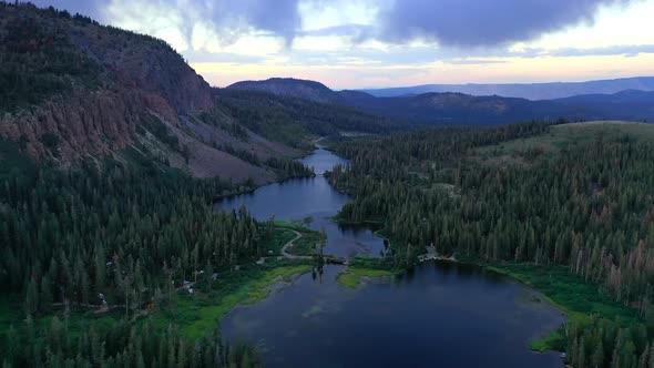 Twin Lakes And The Surrounding Mountains Located In Mammoth Lakes, California, USA - aerial drone sh