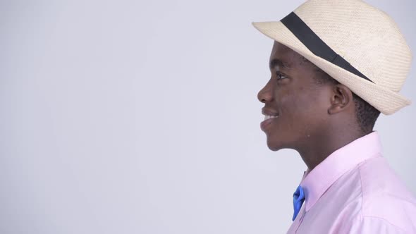 Closeup Profile View of Young Happy African Tourist Man Smiling