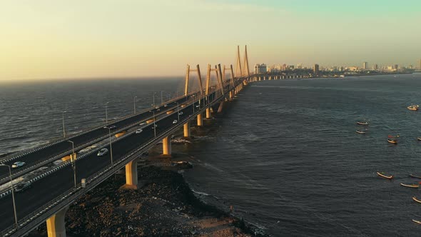 Bandra Worli Sea Link Aerial Drone shot, Mumbai City, Beautiful evening, 4k