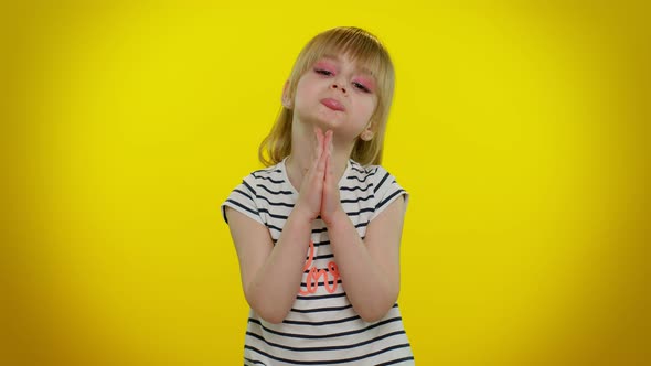 Kid Child Girl Praying Making Wish Asking with Hopeful Imploring Expression Begging Apology