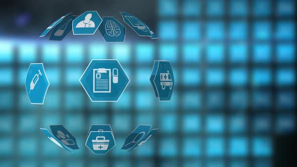 Animation of an icon sphere on a blue squares background alt