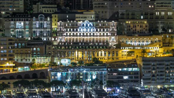 Panorama of Monte Carlo Timelapse at Night From the Observation Deck in the Village of Monaco with