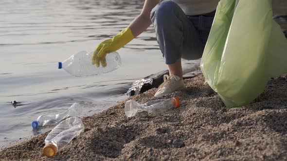 Young Woman Clean Up the Beach From a Trash