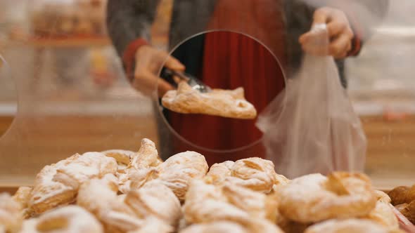 Beautiful Girl Hand Takes Pastry and Puts Into Plastic Bag